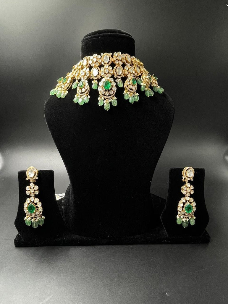HEAVY GREEN PURE SILVER POLKI SET - Olivearajewels