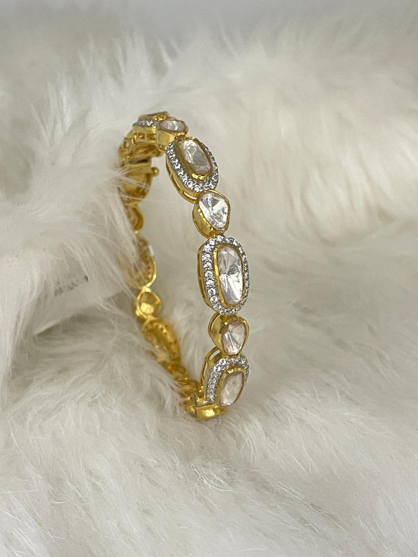 CLASSIC SMALL POLKI PURE SILVER BANGLE | 22KT GOLD PLATED ( SINGLE BANGLE ) - Olivearajewels