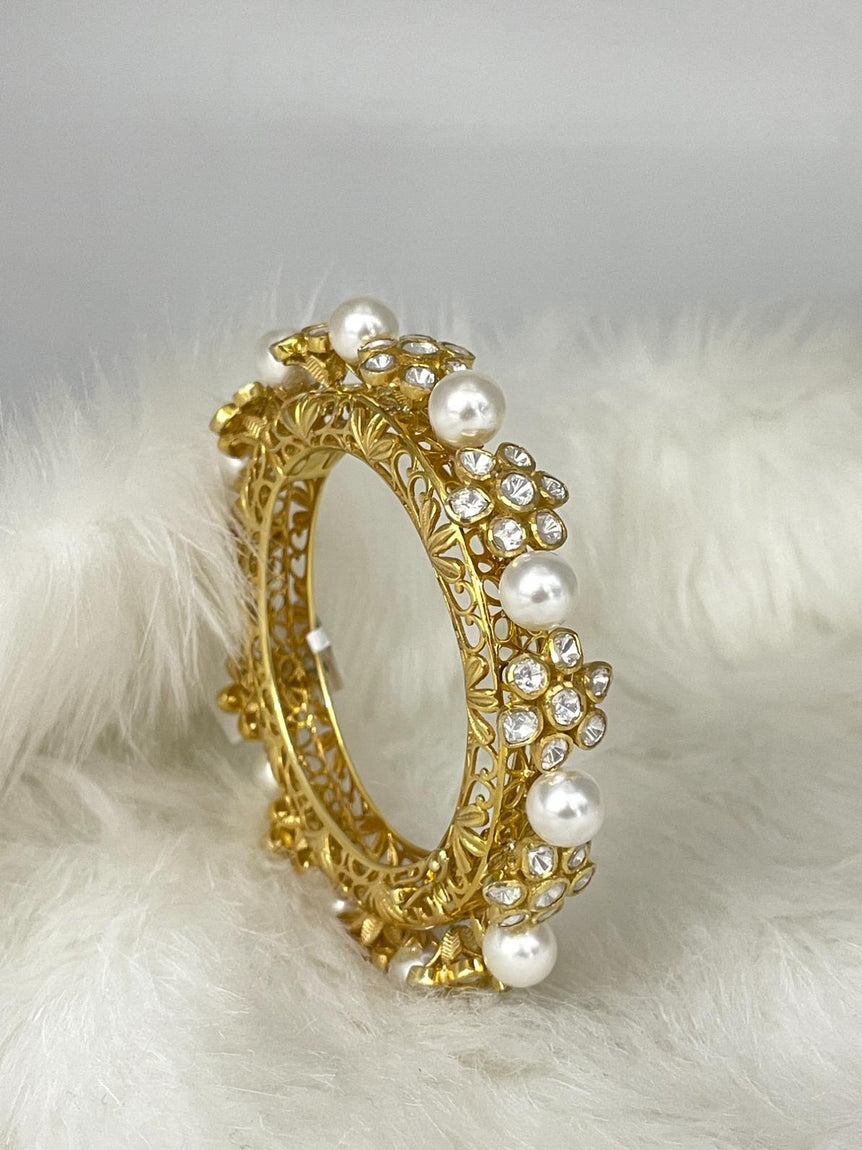 PURE SILVER PACHELI / BANGLE WITH PEARLS | 22KT GOLD PLATED ( 1 PIECE ) - Olivearajewels