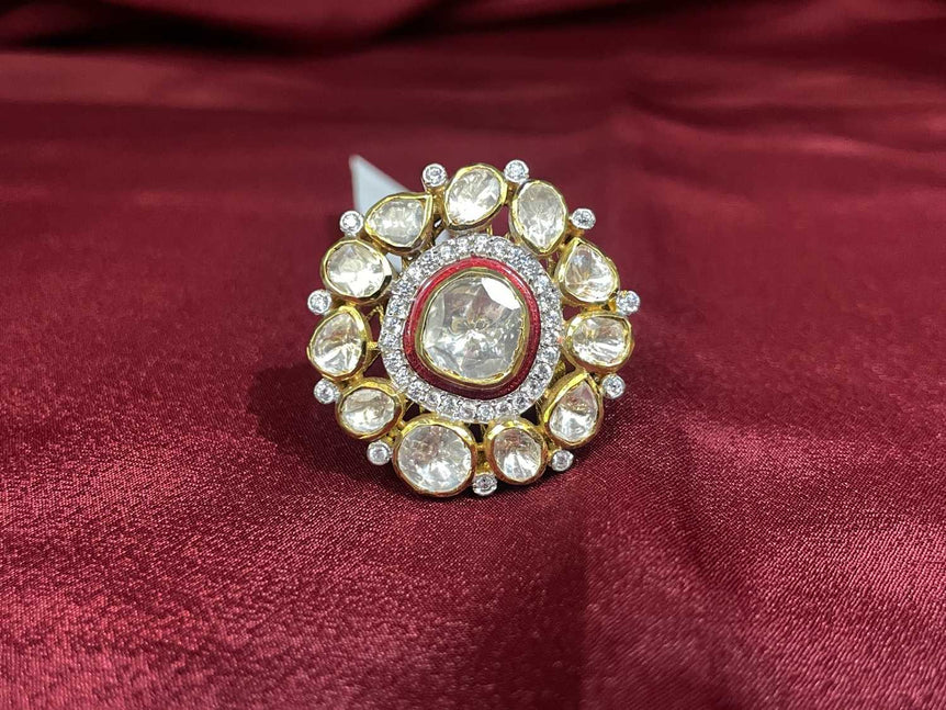 POLKI RING WITH RED MEENA WORK - Olivearajewels