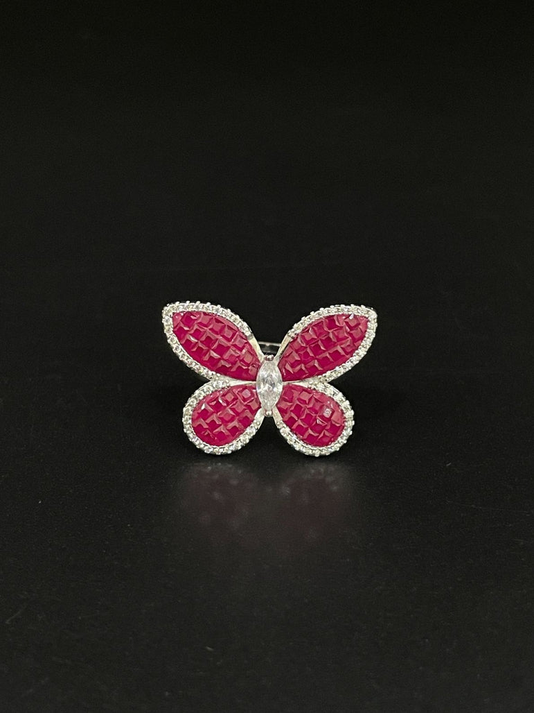 BEAUTIFUL PINK BUTTERFLY PURE SILVER RING - Olivearajewels
