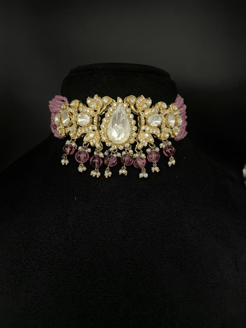 GORGEOUS PINK COLOR POLKI PURE SILVER CHOKER WITHOUT EARRINGS - Olivearajewels