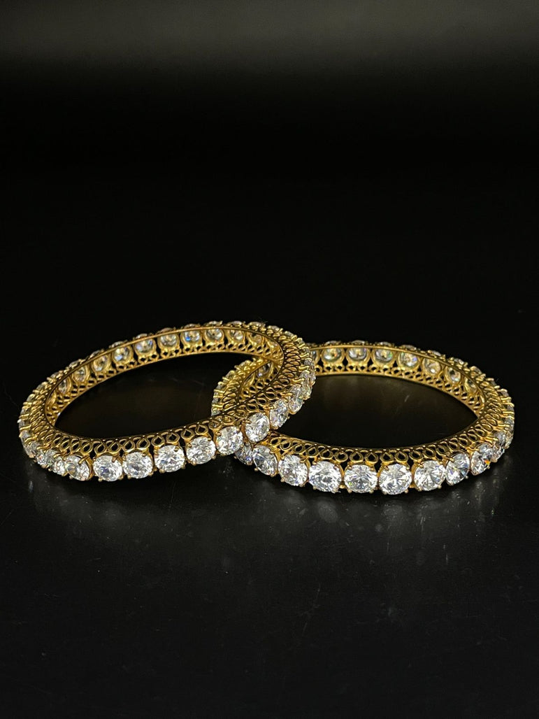 SINGLE LINE DIAMOND SOLITAIRE PURE SILVER BANGLE | 22KT GOLD PLATED ( 1 PAIR ) - Olivearajewels