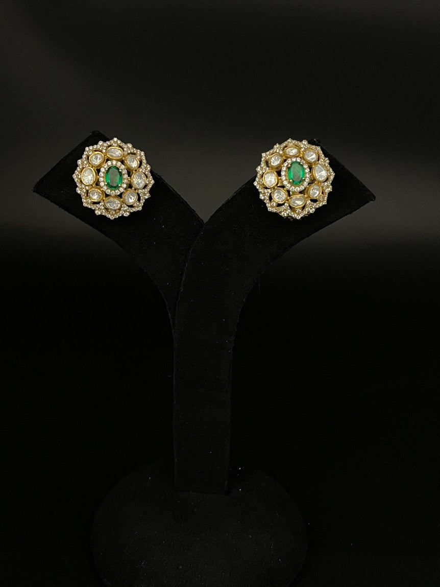 PERFECT GREEN COLOR PURE SILVER POLKI STUDS - Olivearajewels