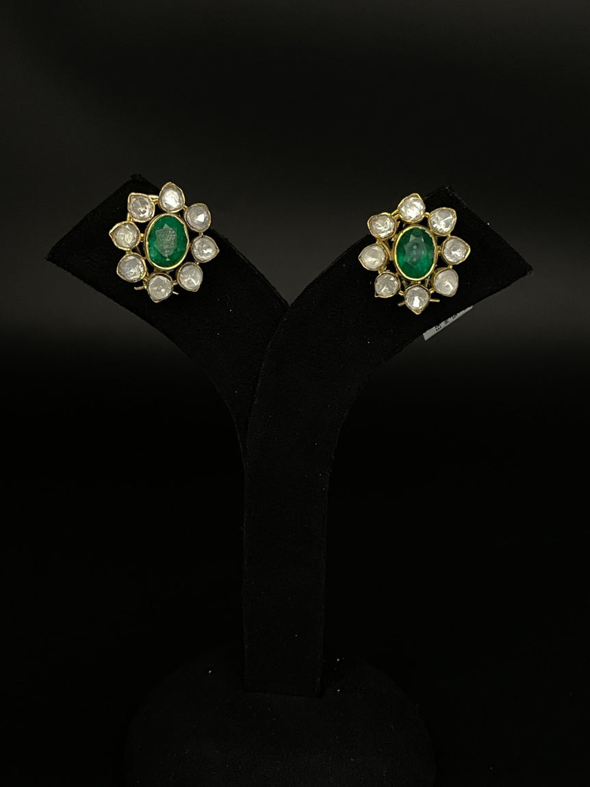 GREEN STONE PURE SILVER POLKI STUDS - Olivearajewels
