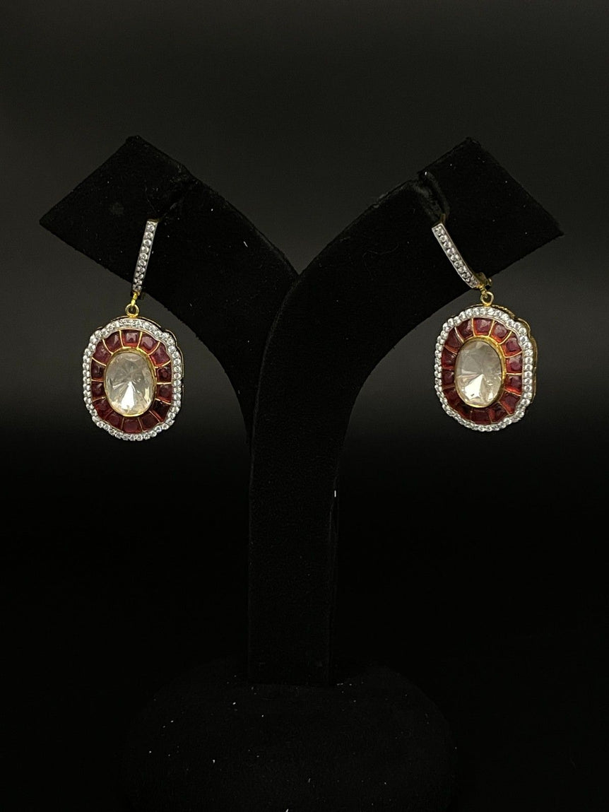 BIG POLKI RED COLOR PURE SILVER EARRINGS - Olivearajewels