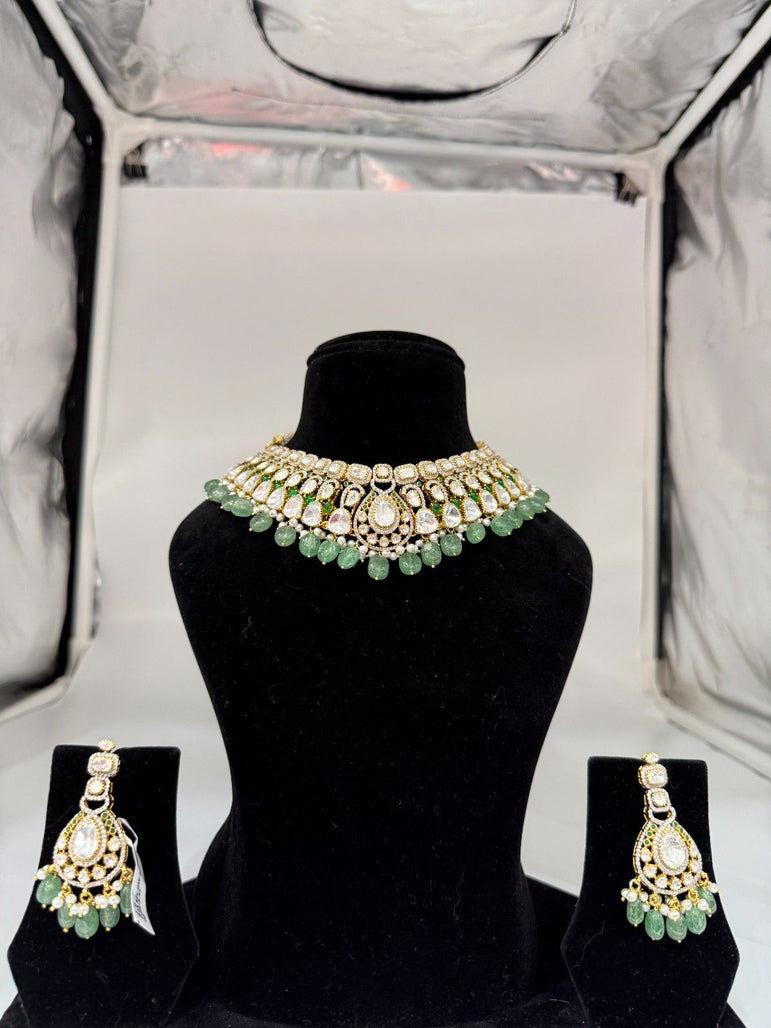 GREEN STONE POLKI NECKLACE SET - Olivearajewels