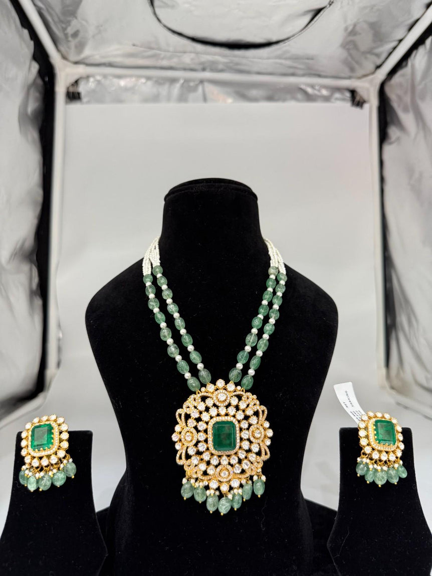 BEAUTIFUL GREEN MALA POLKI PENDANT SET - Olivearajewels