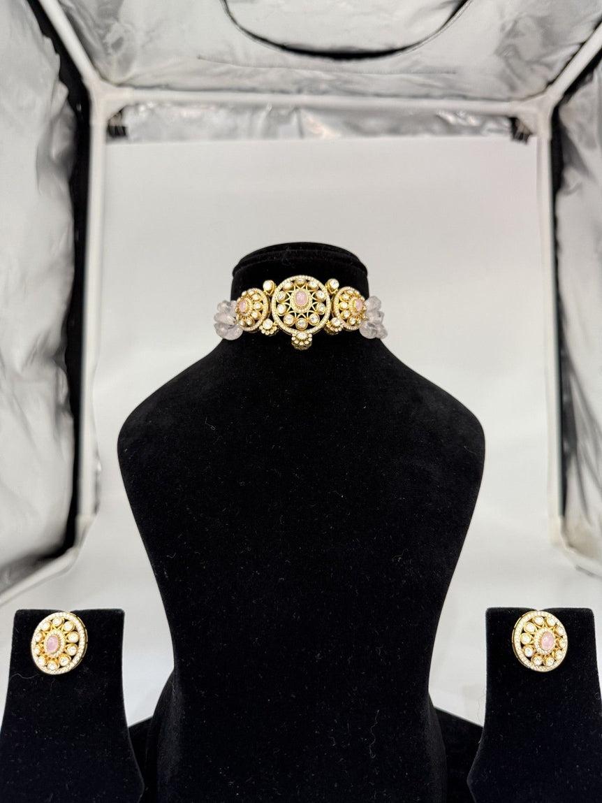 BABY PINK COLOR PURE SILVER POLKI CHOKER SET - Olivearajewels