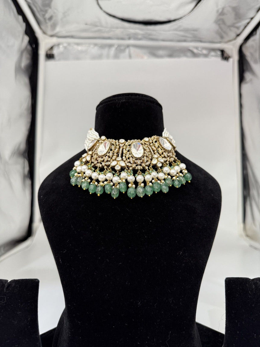 BEAUTIFUL POLKI PURE SILVER CHOKER SET WITH WHITE PEARLS AND GREEN BEADS - Olivearajewels