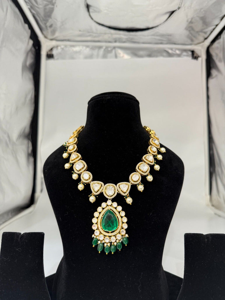 BEAUTIFUL POLKI NECKLACE WITH GREEN PENDANT AND MOTI WORK - Olivearajewels
