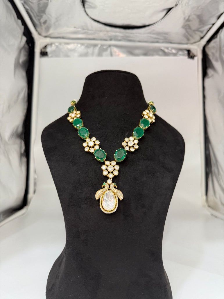 GREEN STONE PEACOCK DESIGN POLKI NECKLACE - Olivearajewels