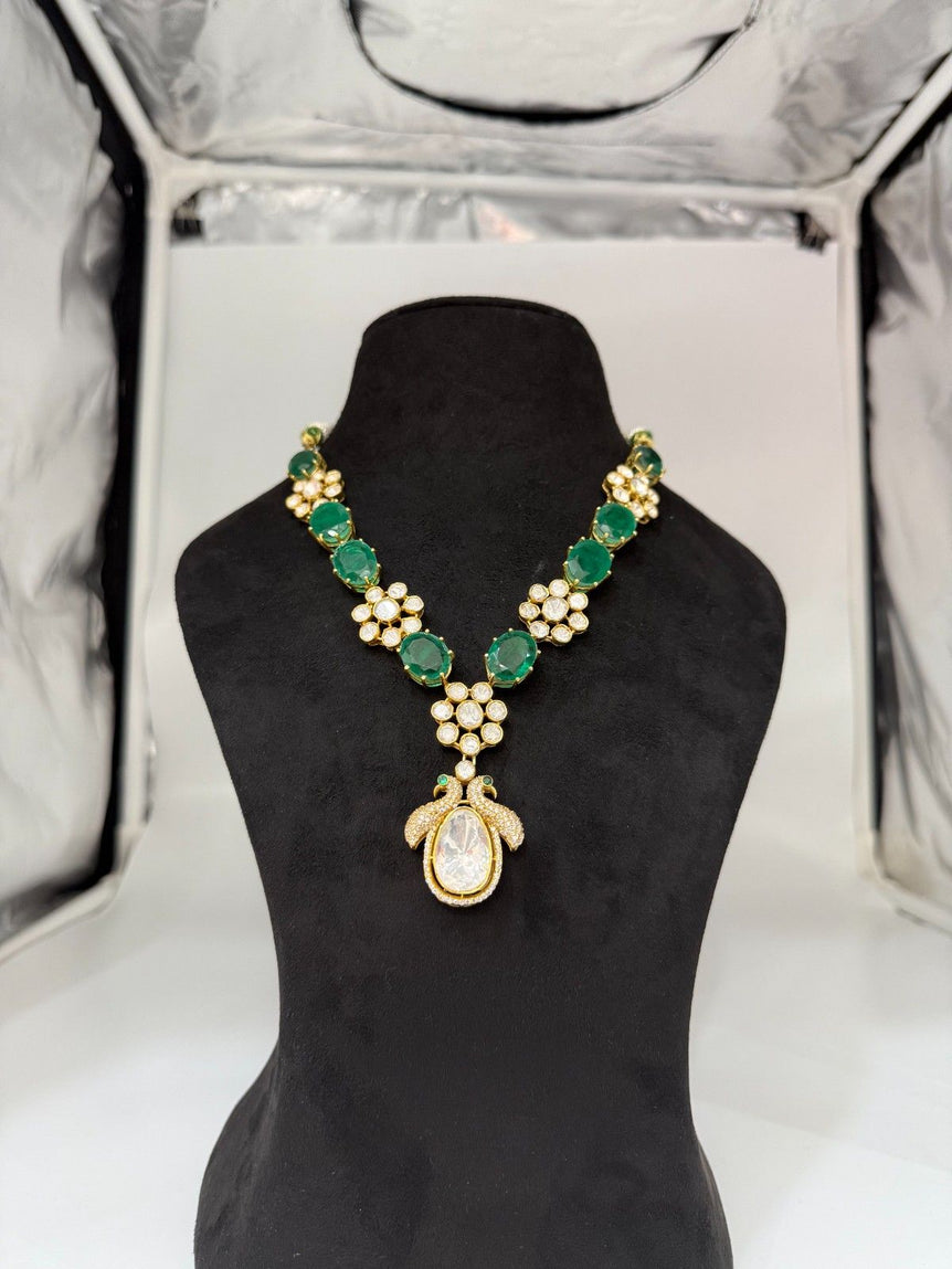 GREEN STONE PEACOCK DESIGN POLKI NECKLACE - Olivearajewels