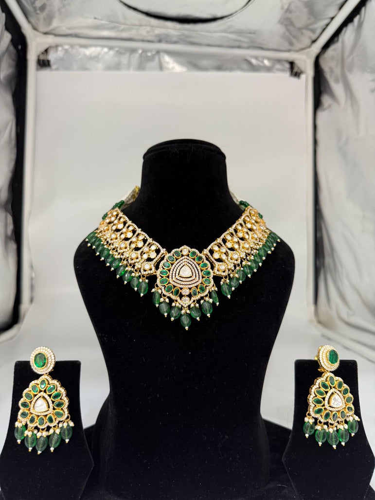 GORGEOUS POLKI NECKLACE SET WITH GREEN STONES - Olivearajewels