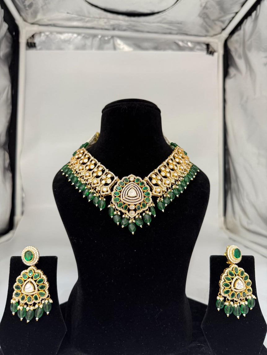 GORGEOUS POLKI NECKLACE SET WITH GREEN STONES - Olivearajewels