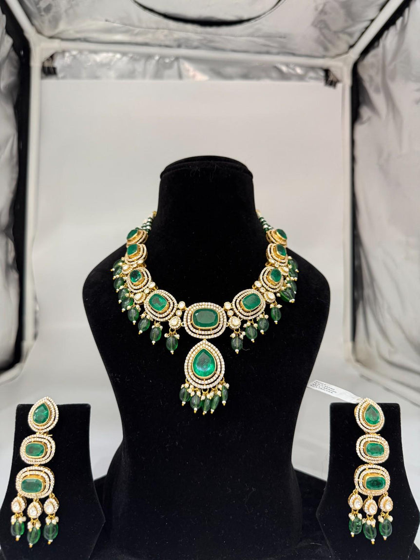 ELEGANT GREEN STONE WORK PURE SILVER SET - Olivearajewels