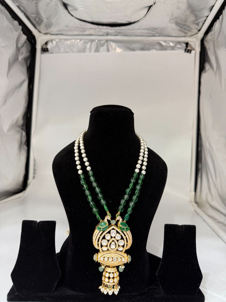 GREEN COLOR PURE SILVER POLKI PENDANT WITH PEARLS - Olivearajewels