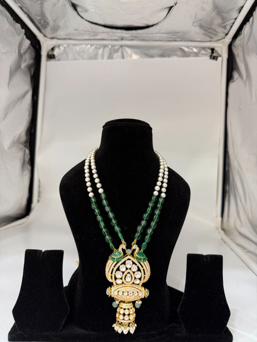 GREEN COLOR PURE SILVER POLKI PENDANT WITH PEARLS - Olivearajewels