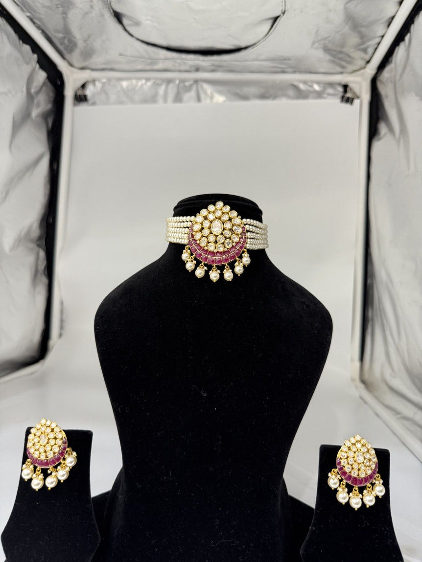 EXTREMELY BEAUTIFUL PURE SILVER POLKI CHOKER SET IN RED WITH PEARLS - Olivearajewels