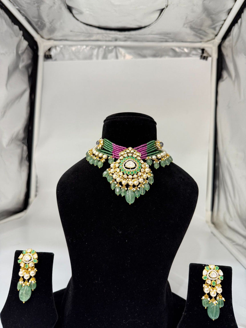 BEAUTIFUL PINK AND GREEN COLOUR PURE SILVER POLKI SET - Olivearajewels