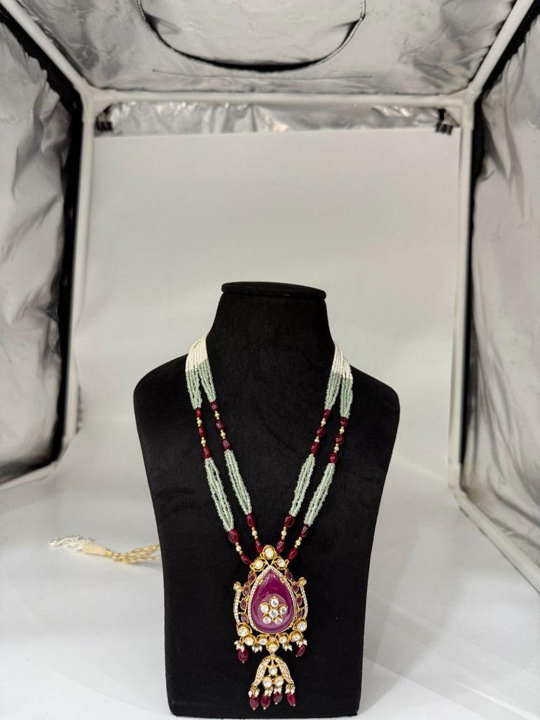 ROYAL PURE SILVER PINK PENDANT WITH GREEN AND PINK MALA - Olivearajewels