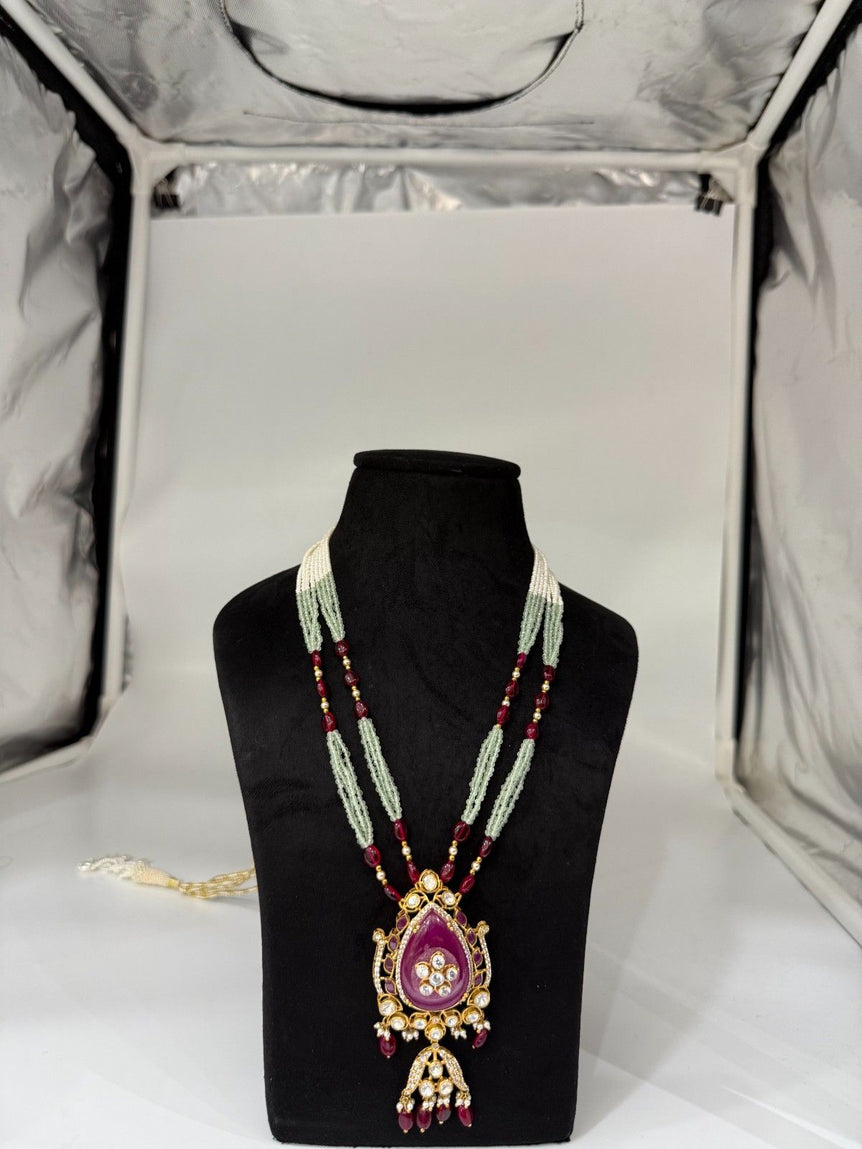 ROYAL PURE SILVER PINK PENDANT WITH GREEN AND PINK MALA - Olivearajewels