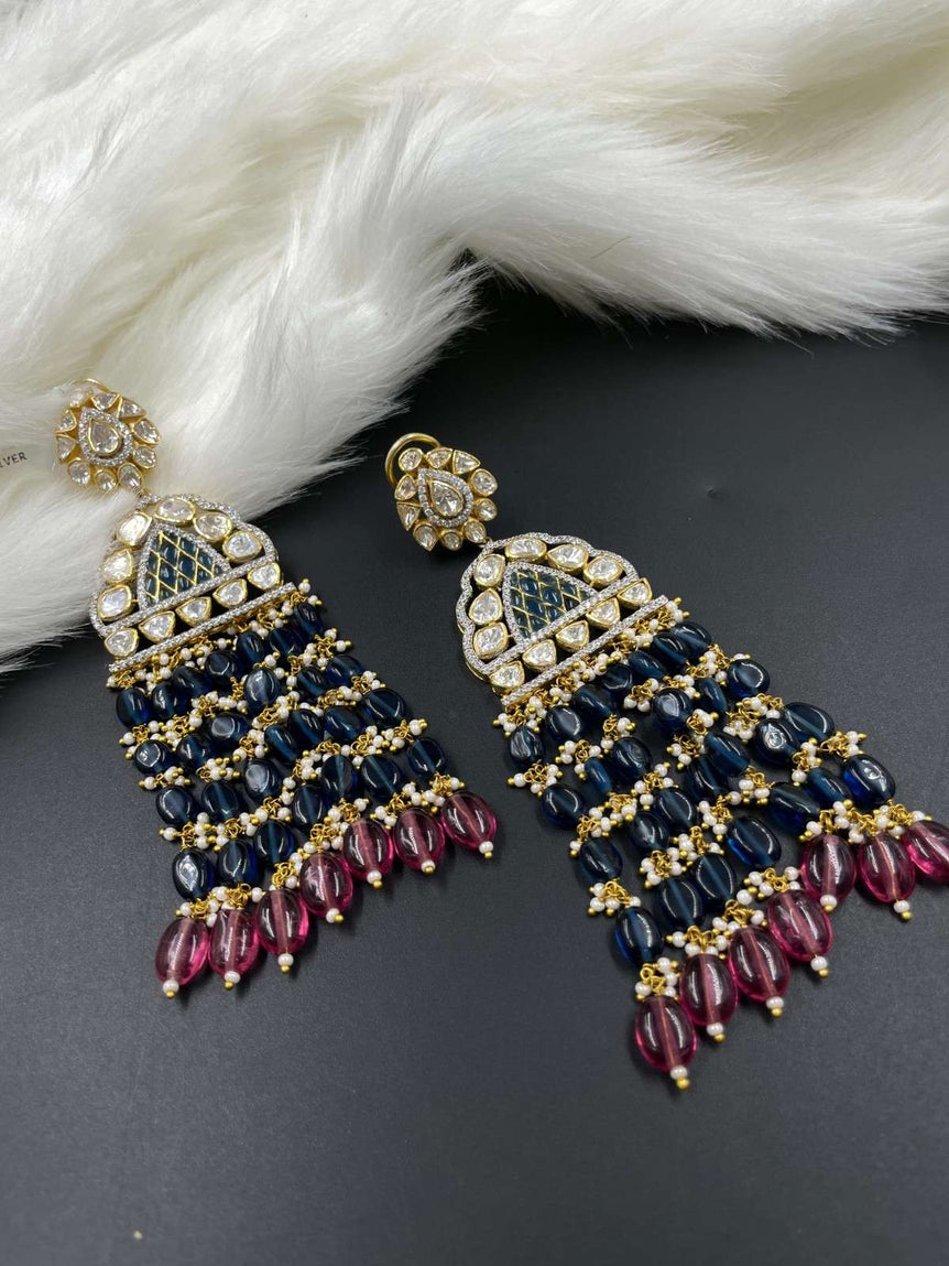 FANCY PURE SILVER LONG EARRINGS WITH BEAUTIFUL PEARLS AND BEAD COMBINATION - Olivearajewels