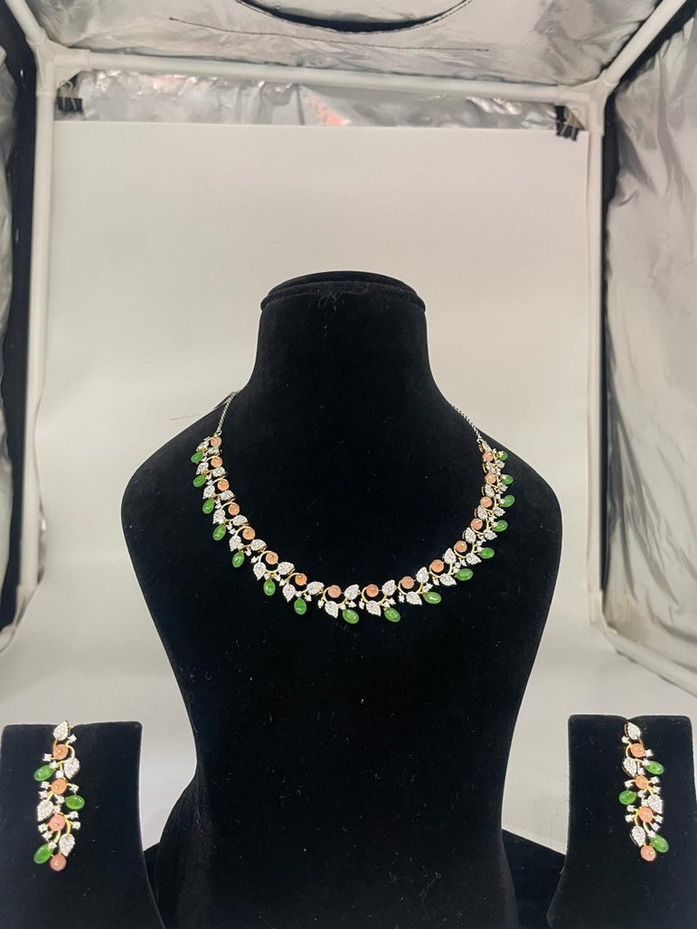 MINIMAL LEAF NECKLACE SET WITH PINK AND GREEN STONES - Olivearajewels