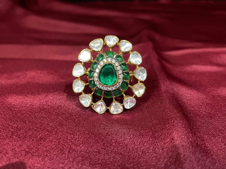 BIG POLKI RING WITH GREEN STONE
