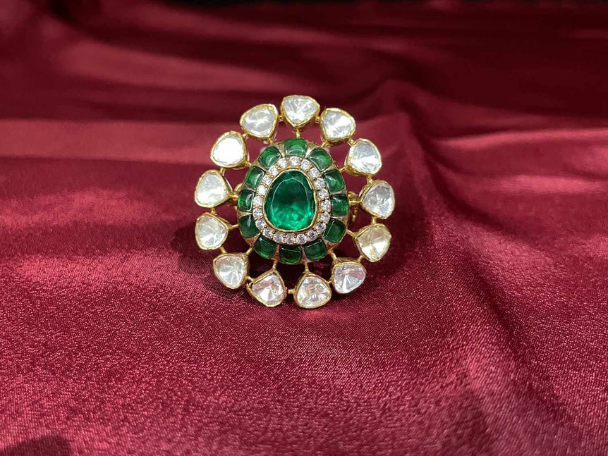 BIG POLKI RING WITH GREEN STONE