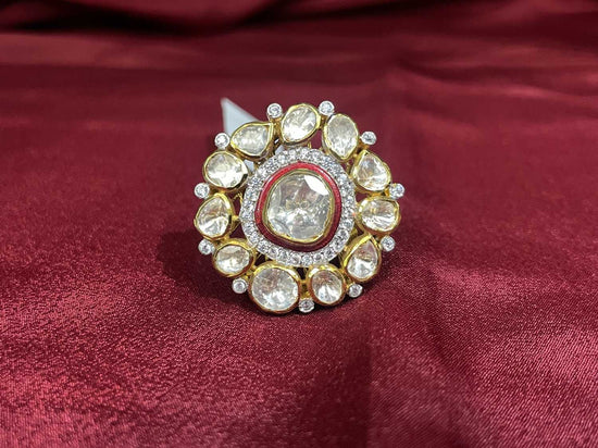 POLKI RING WITH RED MEENA WORK - Olivearajewels
