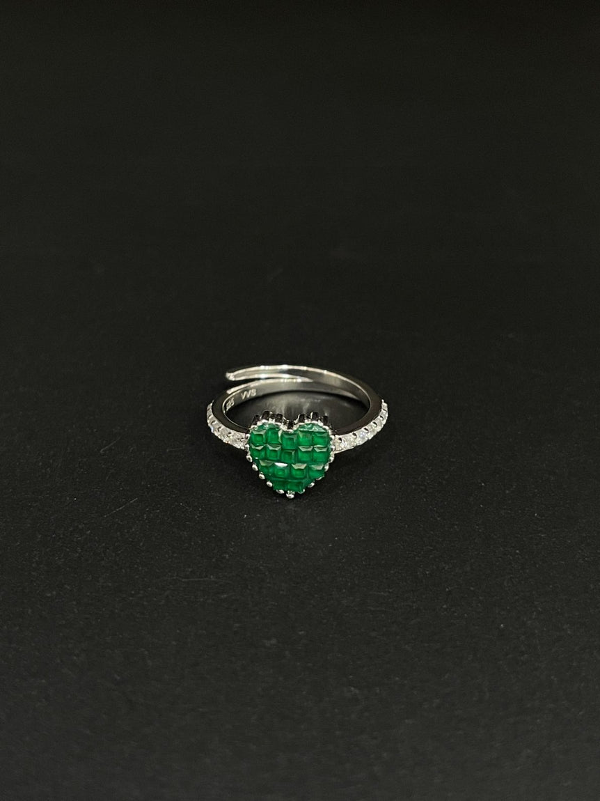 HEART SHAPE GREEN STONE PURE SILVER RING