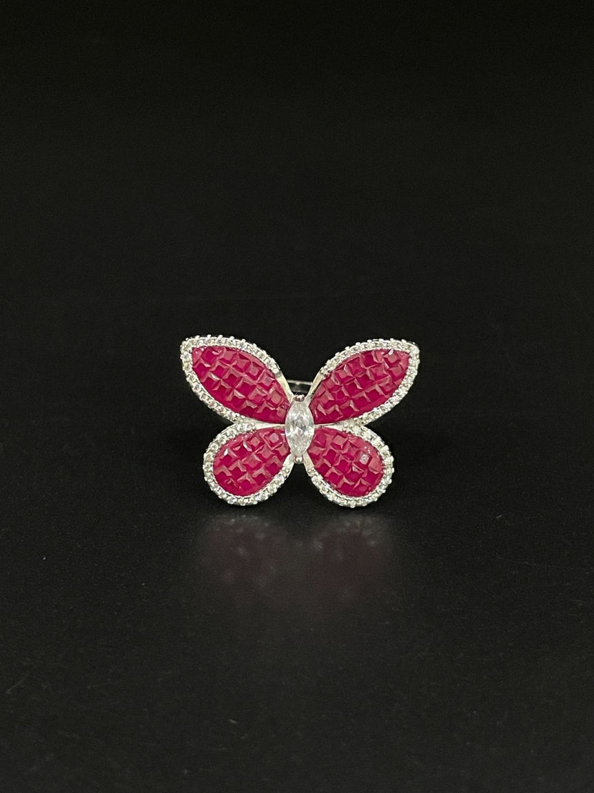 BEAUTIFUL PINK BUTTERFLY PURE SILVER RING