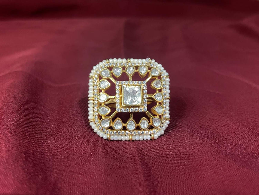 SQUARE POLKI RING WITH PEARLS