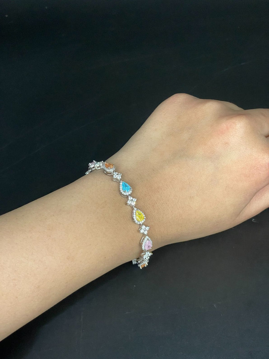 COLORFUL PEAR SHAPED DIAMONDS PURE SILVER BRACELET