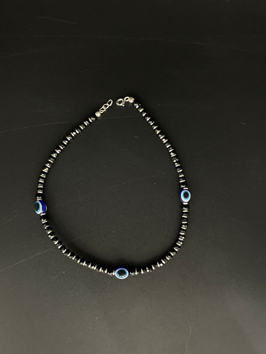 3 EVIL EYE PURE SILVER ANKLET WITH BLACK BEADS