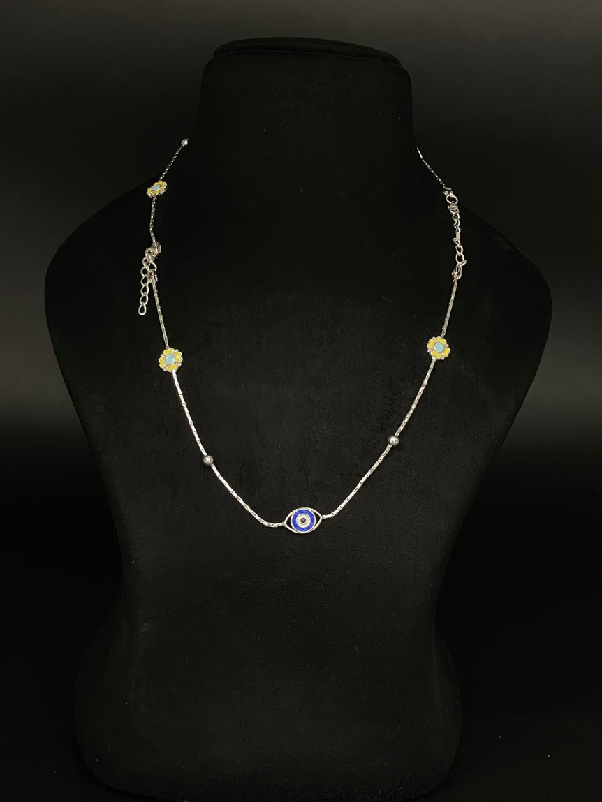BEAUTIFUL EYE EVIL AND YELLOW FLOWER WORK PURE SILVER ANKLET ( 1 PAIR )