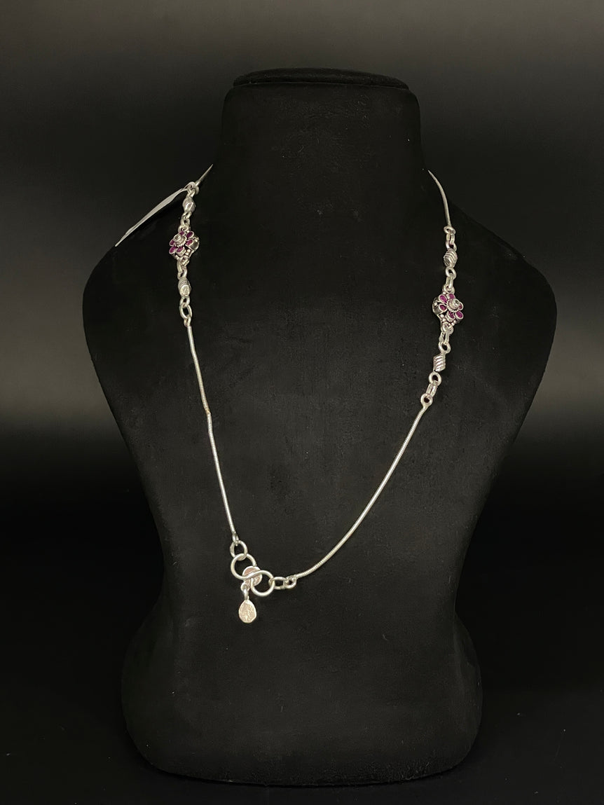 PURE SILVER ANKLET WITH PINK FLOWERS ( 1 PAIR )