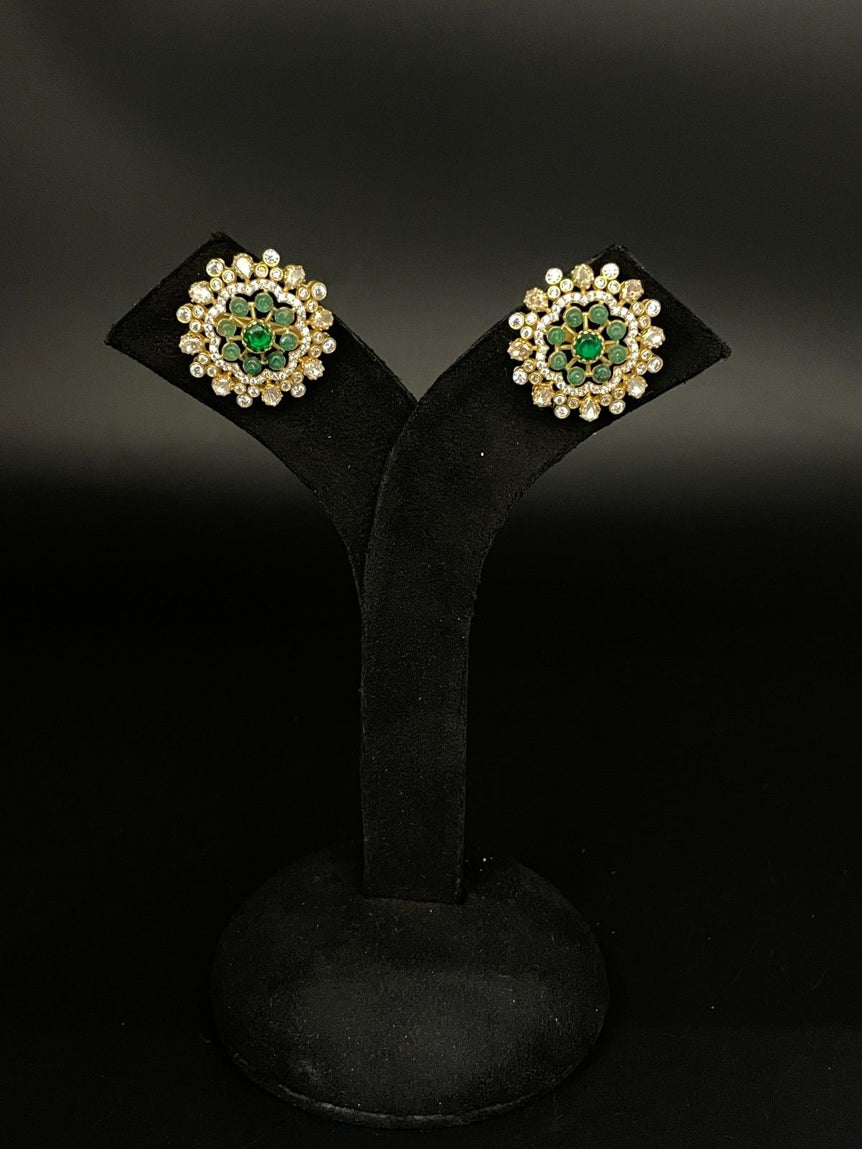 PERFECT GREEN POLKI PURE SILVER STUDS - Olivearajewels