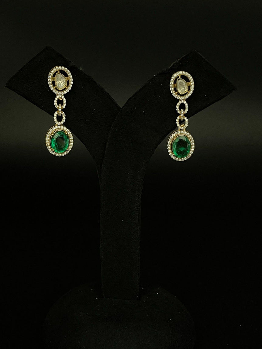 CHAIN DESIGN GREEN STONE PURE SILVER EARRINGS