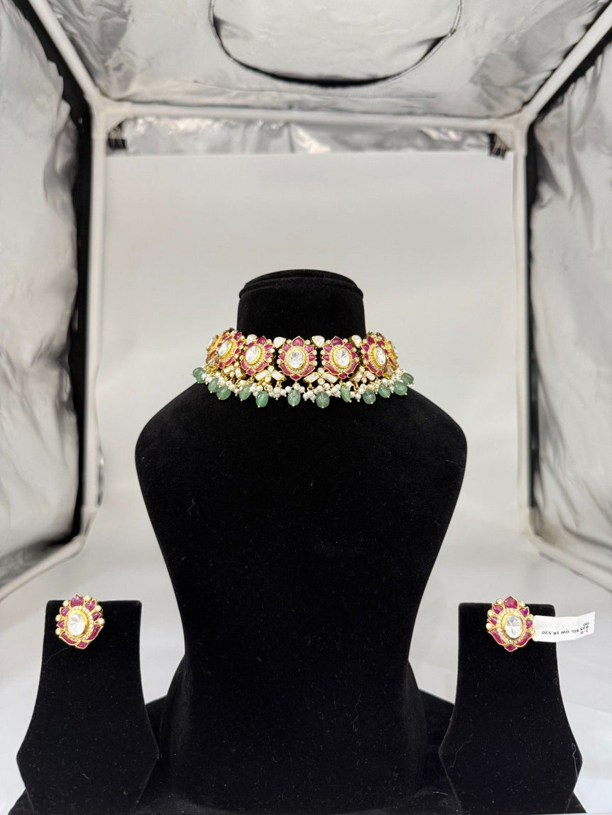 BEAUTIFUL PINK-GREEN ROSE POLKI NECKLACE SET