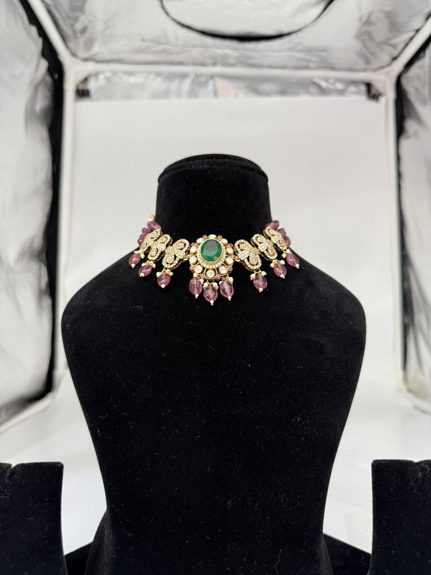 PINK COLOR PURE SILVER CHOKER  WITHOUT EARRINGS - Olivearajewels