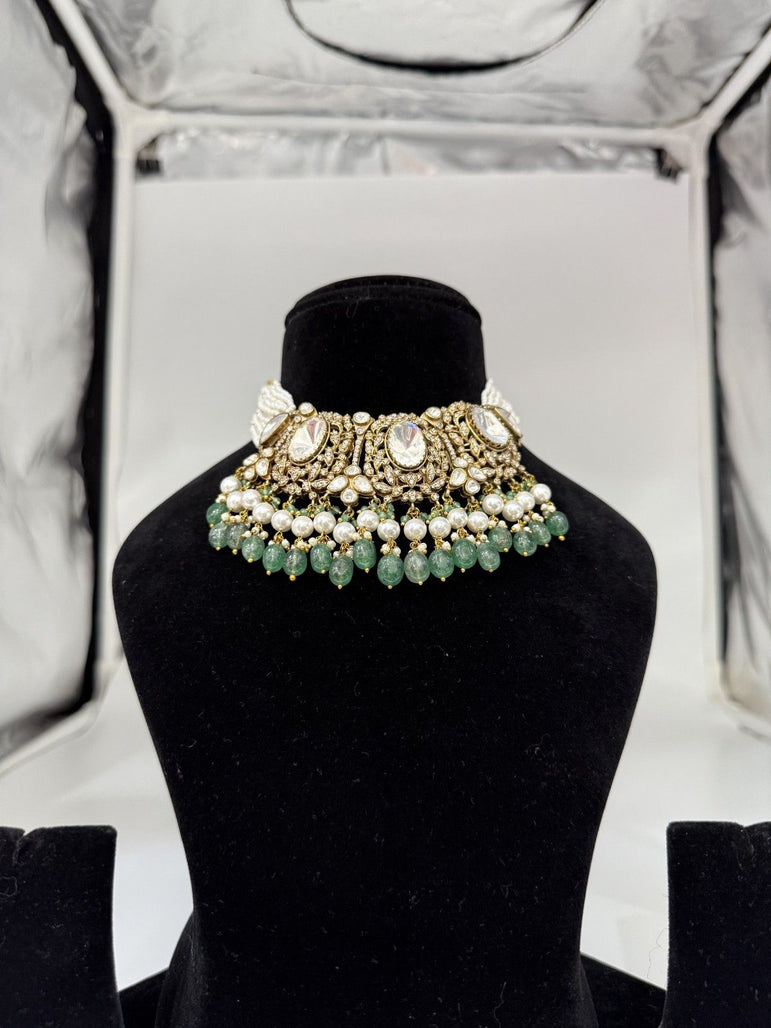 BEAUTIFUL POLKI PURE SILVER CHOKER SET WITH WHITE PEARLS AND GREEN BEADS - Olivearajewels