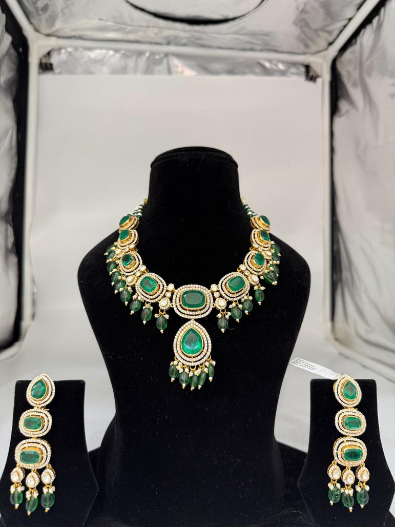 ELEGANT GREEN STONE WORK PURE SILVER SET - Olivearajewels