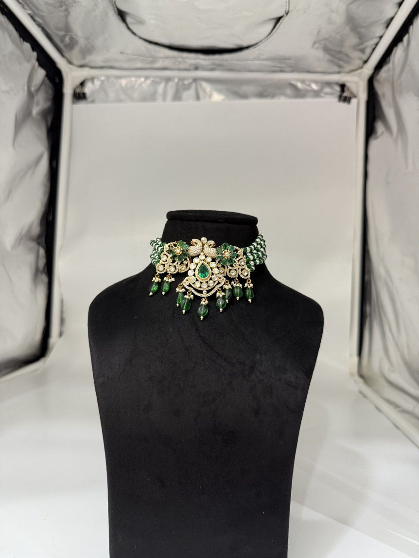 BEAUTIFUL GREEN COLOR PEACOCK DESIGN POLKI CHOKER WITHOUT EARRINGS