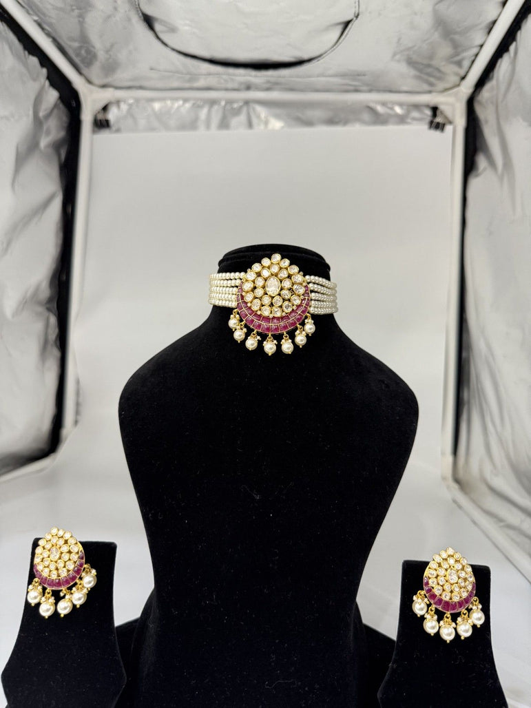 EXTREMELY BEAUTIFUL PURE SILVER POLKI CHOKER SET IN RED WITH PEARLS - Olivearajewels